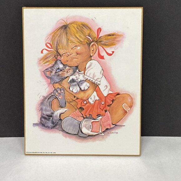Vintage 70s K Smith Girl Squeezing Cat Wall Decor - Picture 1 of 8